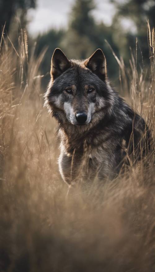 A lone wolf with dark fur sitting patiently in tall grass, waiting for its prey.