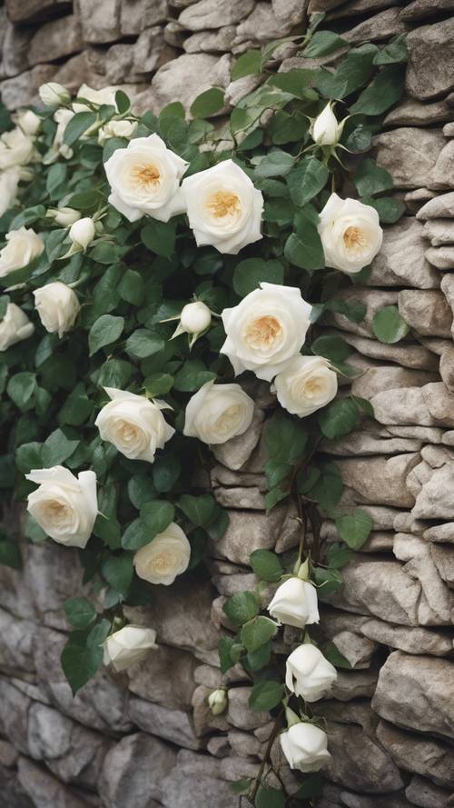 Blossoming white roses on a creeping vine along a weathered stone wall.