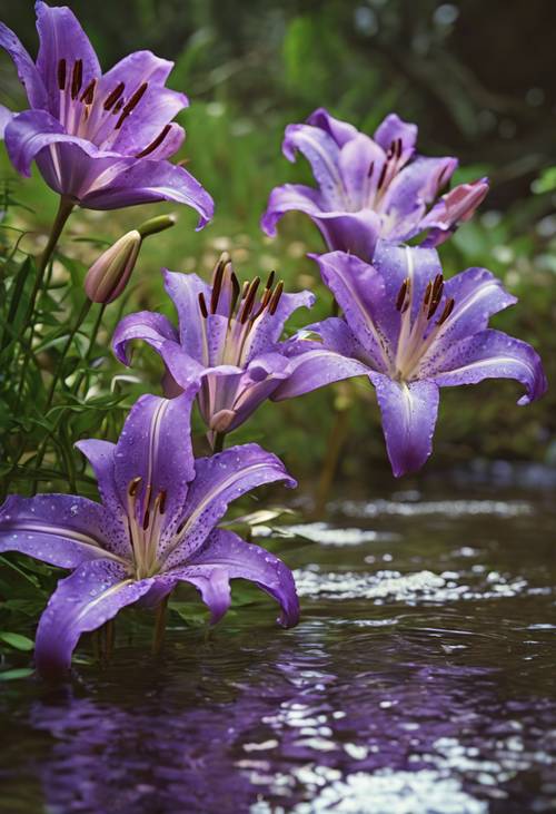 A cluster of purple lilies growing by the side of a babbling brook. Tapet [740029eb9020421183b4]