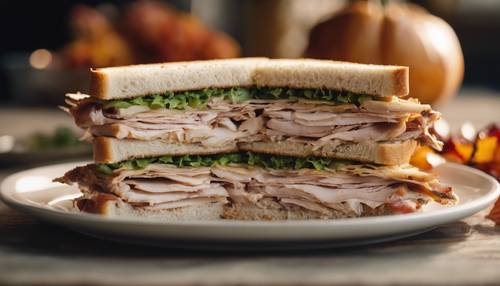 Hoch gestapelte Scheiben vom übrig gebliebenen Truthahn für ein leckeres Thanksgiving-Reste-Sandwich.