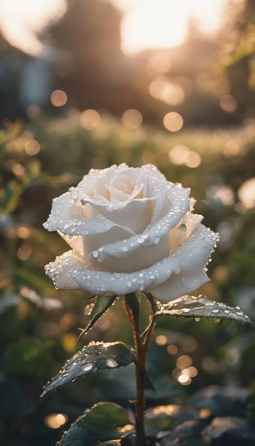 Une rose blanche recouverte de gouttes de rosée dans un jardin serein à l&#39;aube.
