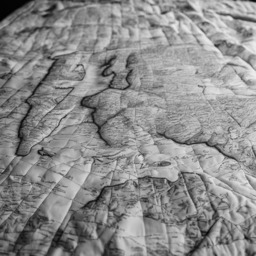 A grayscale world map stitched onto a quilt.