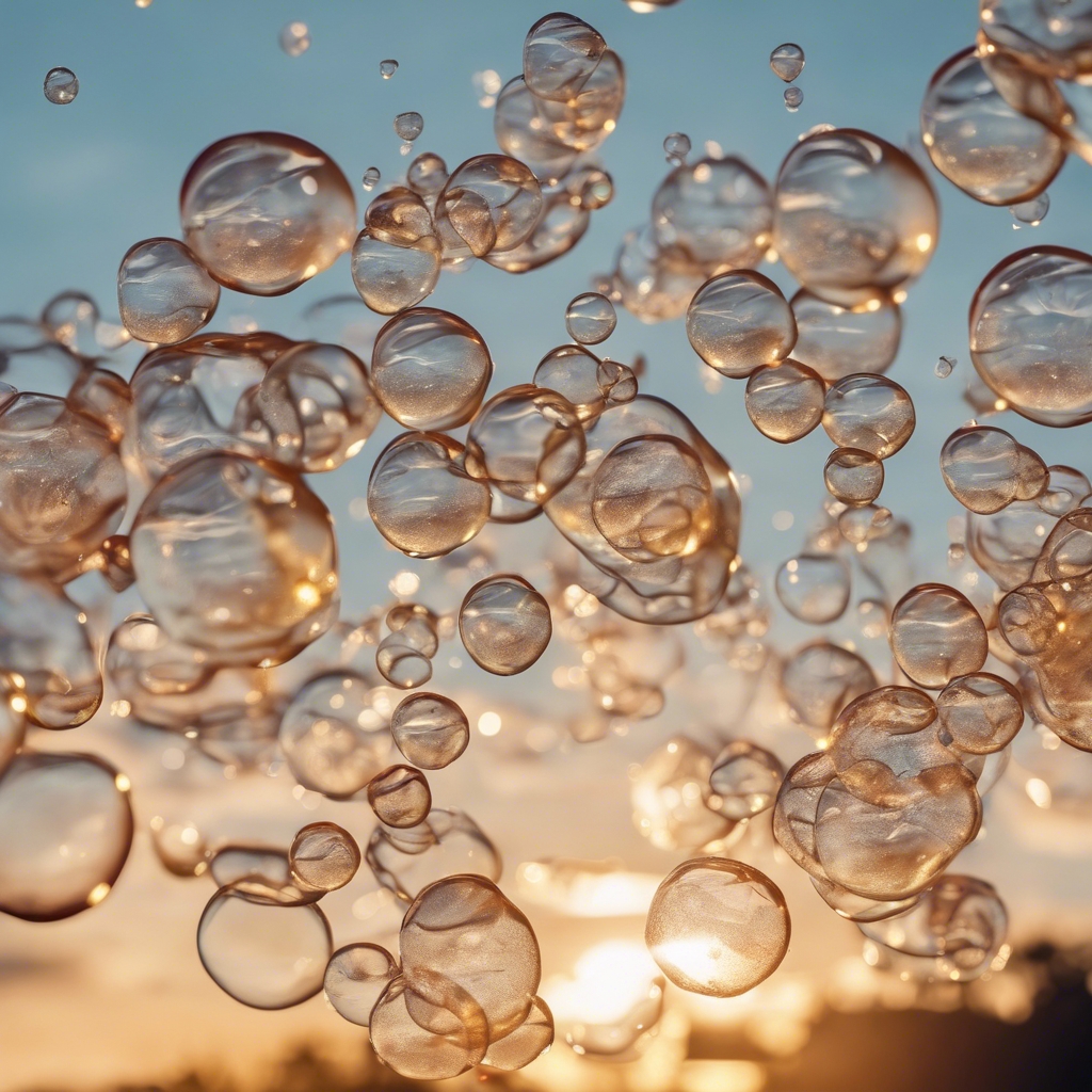 Repeated design of delicate, popping soap bubbles against a sunset sky. Tapeta[612e80fe24954ae79f5f]