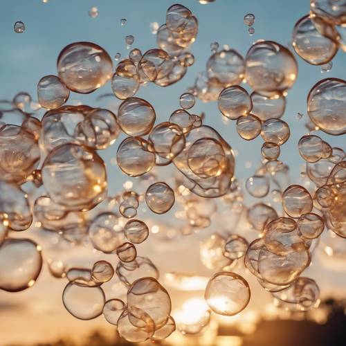 Repeated design of delicate, popping soap bubbles against a sunset sky.