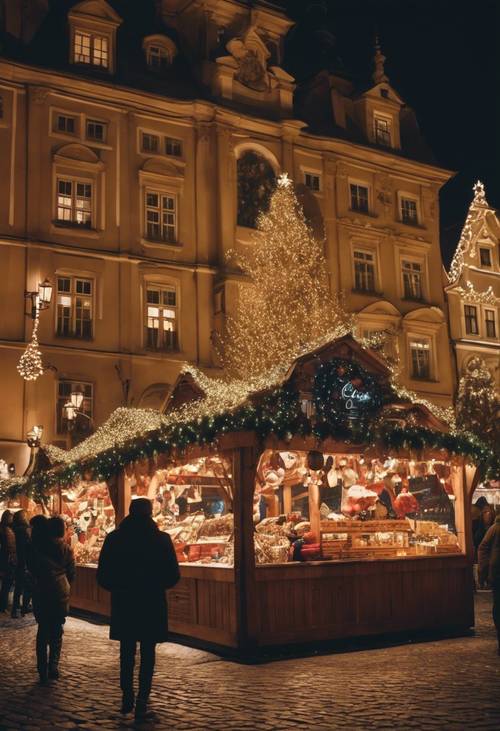 A festive image of the Christmas market in Old Town Square, Prague, glittering with lights and decorations.