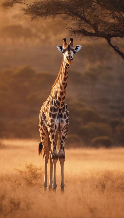 Savana gün batımının altın tonlarının ortasında duran, uzun zarif boyunlu zarif bir zürafa.