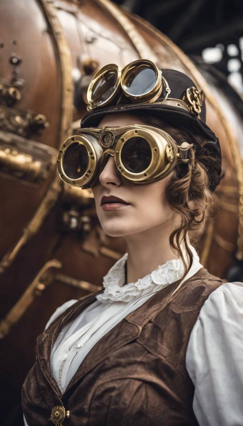 A Victorian-era woman in steampunk attire holding a pair of brass goggles while leaning against a large metallic airship.