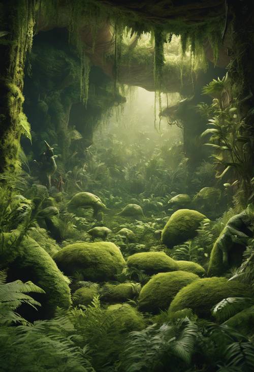 A mural of a prehistoric jungle teeming with ferns and giant club mosses, with a distant silhouette of dinosaurs.