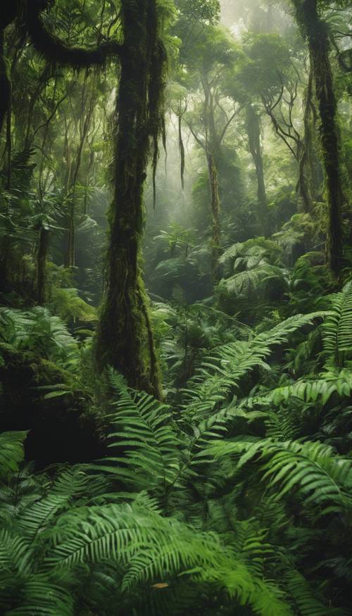 充满活力的热带雨林景象，高耸的栖息地树冠下有茂密的绿色蕨类植物。
