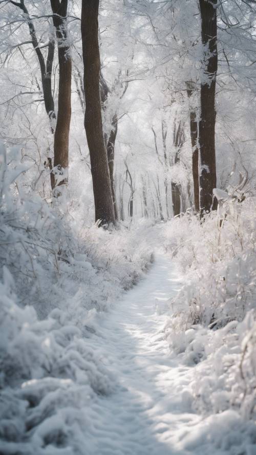 一条隐秘的林间小路被白雪覆盖，露出一片充满冰冻动植物的冬日仙境。