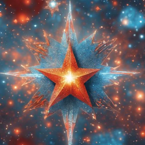 Una stella azzurra che scintilla tra le sue ardenti stelle rosse e arancioni nel cosmo.