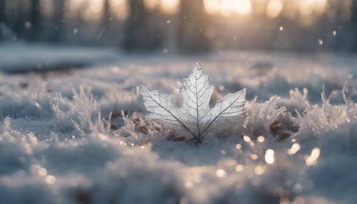 Una hoja plateada reluciente sobre el suelo helado de la mañana, bañada por la suave luz del amanecer.