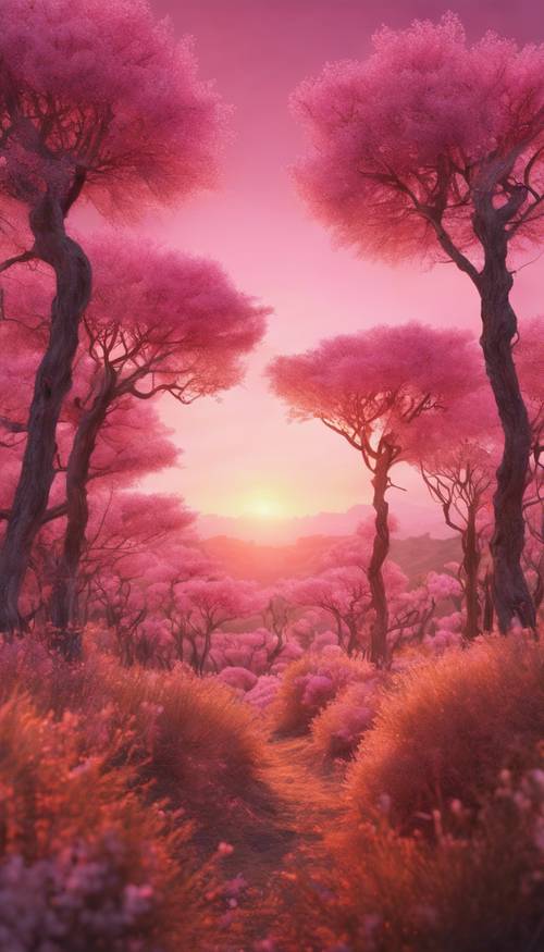 Eine surreale Landschaft bei Sonnenuntergang, bei der alles in ein warmes rosa Leuchten getaucht ist.