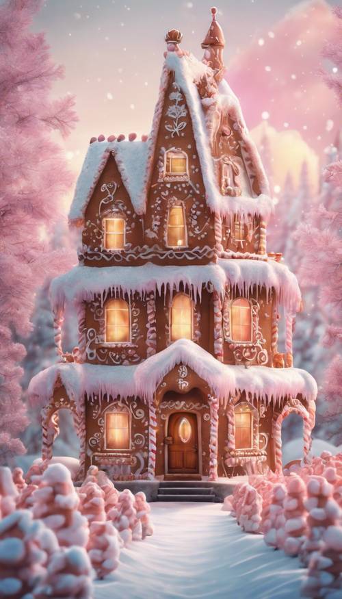 Lovely painting of sweet gingerbread house in a snowy landscape with cotton candy-like trees.