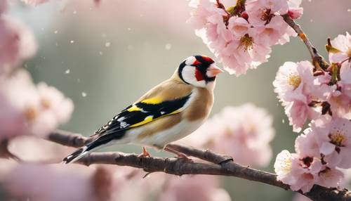 一只金翅雀栖息在盛开的樱花树枝上。