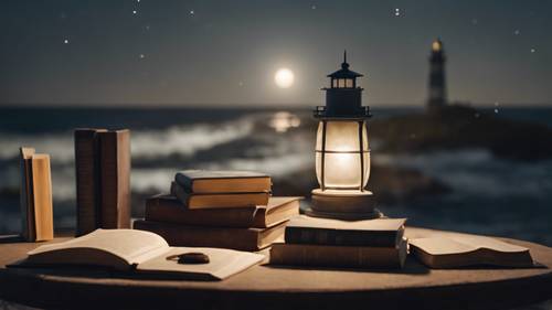 Moonlight study session by a lone lighthouse keeper with books spread on a round table.