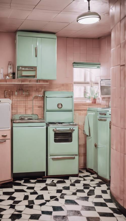 Kuchnia w stylu vintage z lat 50. XX wieku z urządzeniami w pastelowych kolorach i podłogą w kratkę.