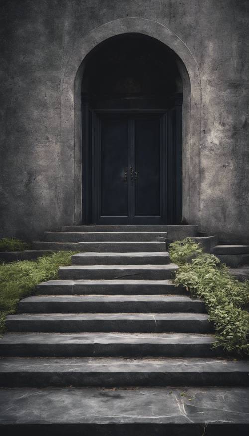 Görünmeyen bir kapıya giden koyu kömür renginde beton bir basamak.
