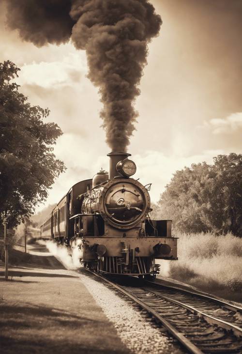 תמונה בגוון ספיה של רכבת קיטור ישנה היוצאת מהתחנה, מחקה סגנון אמנות וינטג&#39;.