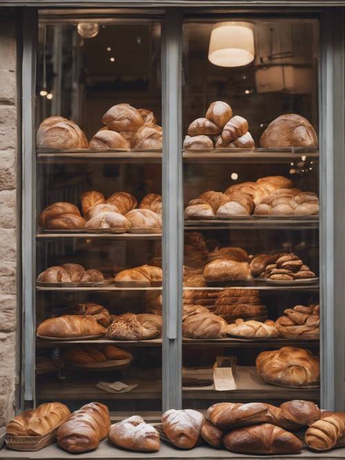 A rustic bakery storefront with freshly baked bread and pastries displayed in the window.