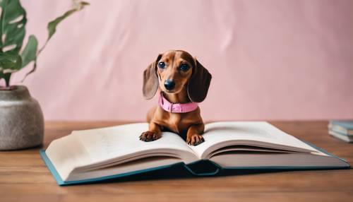 一隻好奇的粉紅色臘腸犬從一本厚厚的精裝書後面探出頭來。