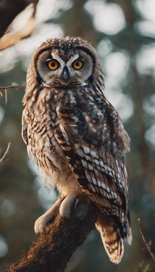 An adorable owl with fascinating camo-colored plumage, perched on a pine tree branch at dusk.