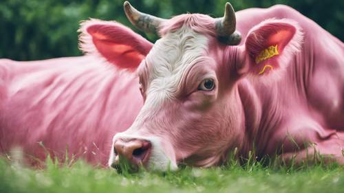 一頭古怪的粉紅色牛，長著閃亮的大眼睛，吃著新鮮的綠草。