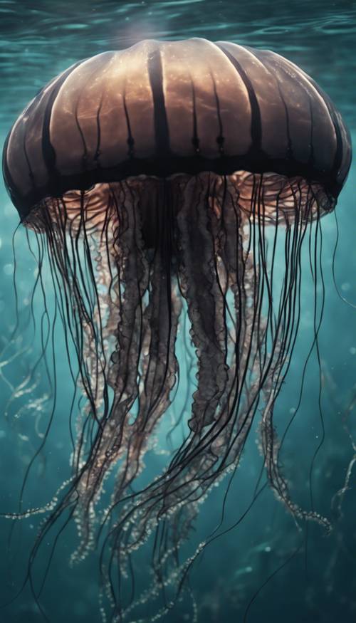 Tampilan dekat ubur-ubur medusa hitam di laut dalam