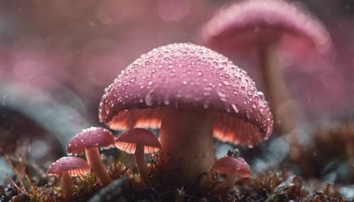 一個閃閃發光的粉紅色蘑菇的特寫鏡頭，上面覆蓋著早晨的露珠。