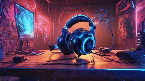 Ein atemberaubendes Gaming-Headset, das in neonblauem Licht leuchtet und auf einem Tisch liegt.