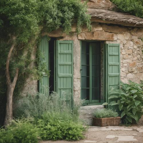 Una casa de campo rústica con contraventanas de color verde salvia ubicada entre una exuberante vegetación.