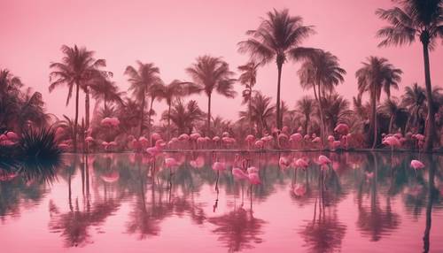 Pastellrosa Paradies mit Palmen und Flamingos.