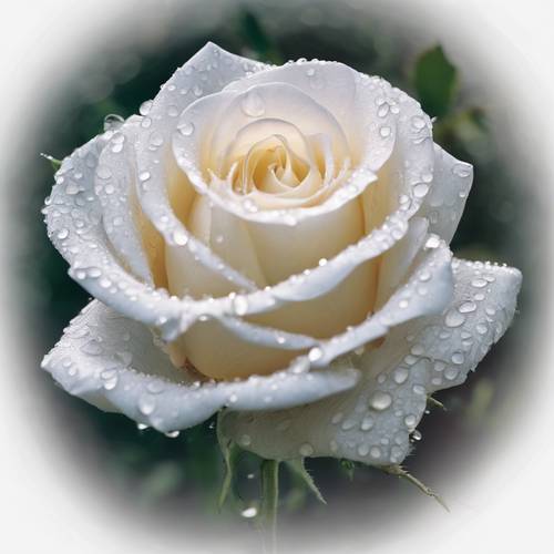 ภาพร่างโดยละเอียดของดอกกุหลาบสีขาวที่ห่อหุ้มด้วยหยดน้ำค้างยามเช้า