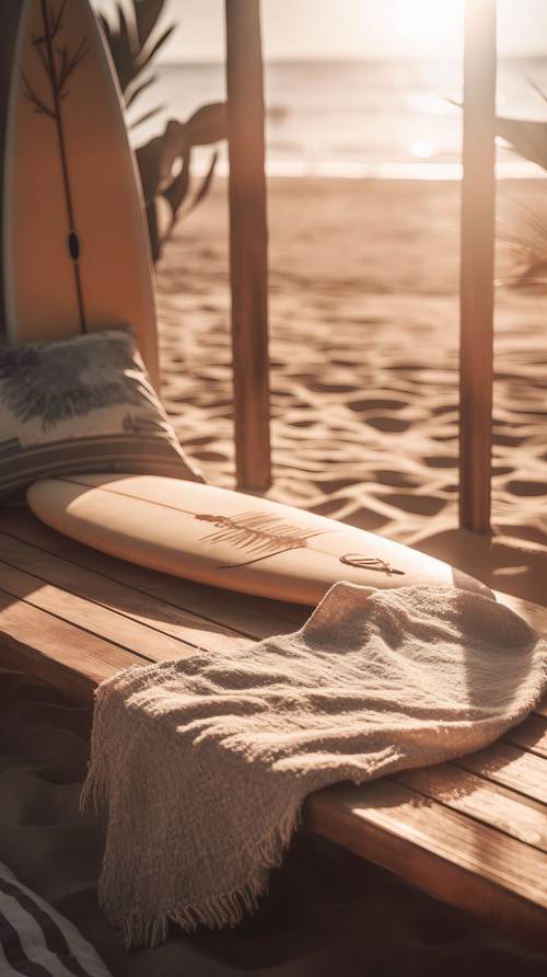 Sonniger Strandtag mit Surfbrett und Handtuch