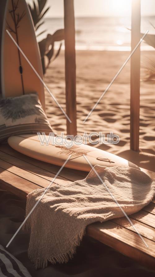 Giornata di sole in spiaggia con tavola da surf e asciugamano