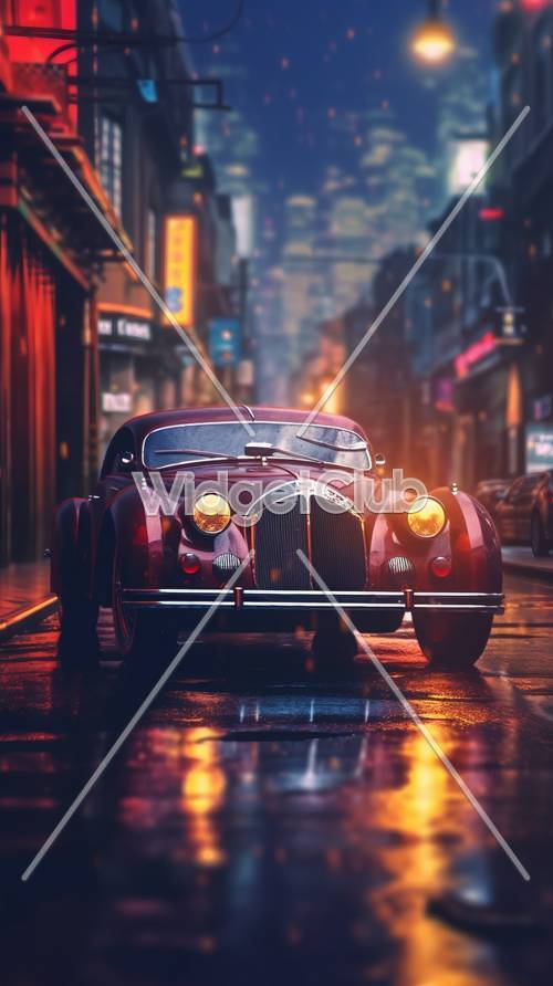 Classic Car in a Rainy City Street