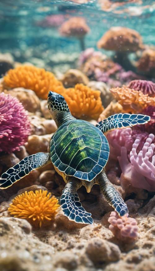 Eine junge Schildkröte mit buntem Panzermuster, die um Seeanemonen schwimmt.