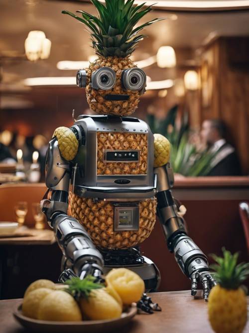 Bir restoranda konuklara hizmet veren bir ananas robotu.