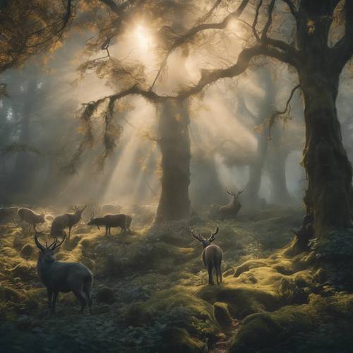 Eine ätherische Szene eines verzauberten, in Nebel gehüllten Waldes, der von leuchtenden, mystischen Tieren bewohnt wird.