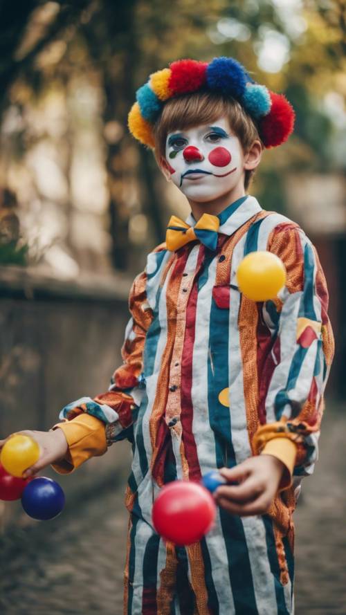 Ein Junge im Clownkostüm übt Jonglierkünste.