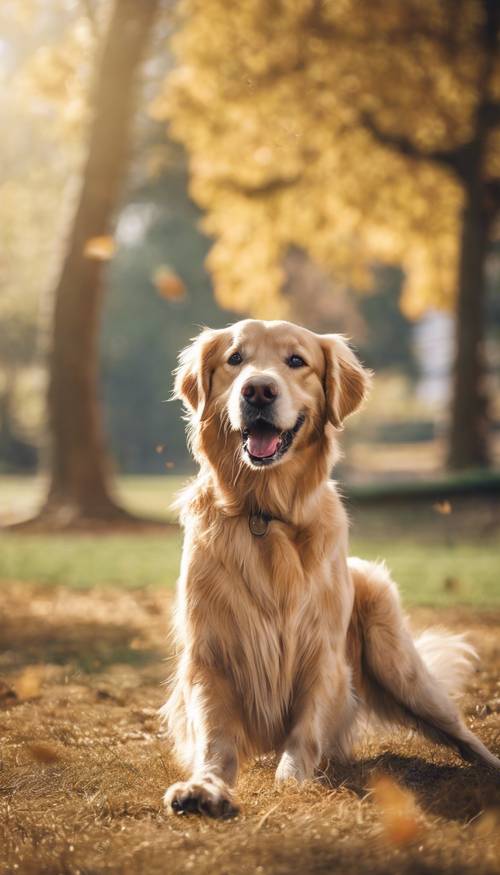 阳光明媚的日子，公园里，一只金毛猎犬高兴地接飞盘。