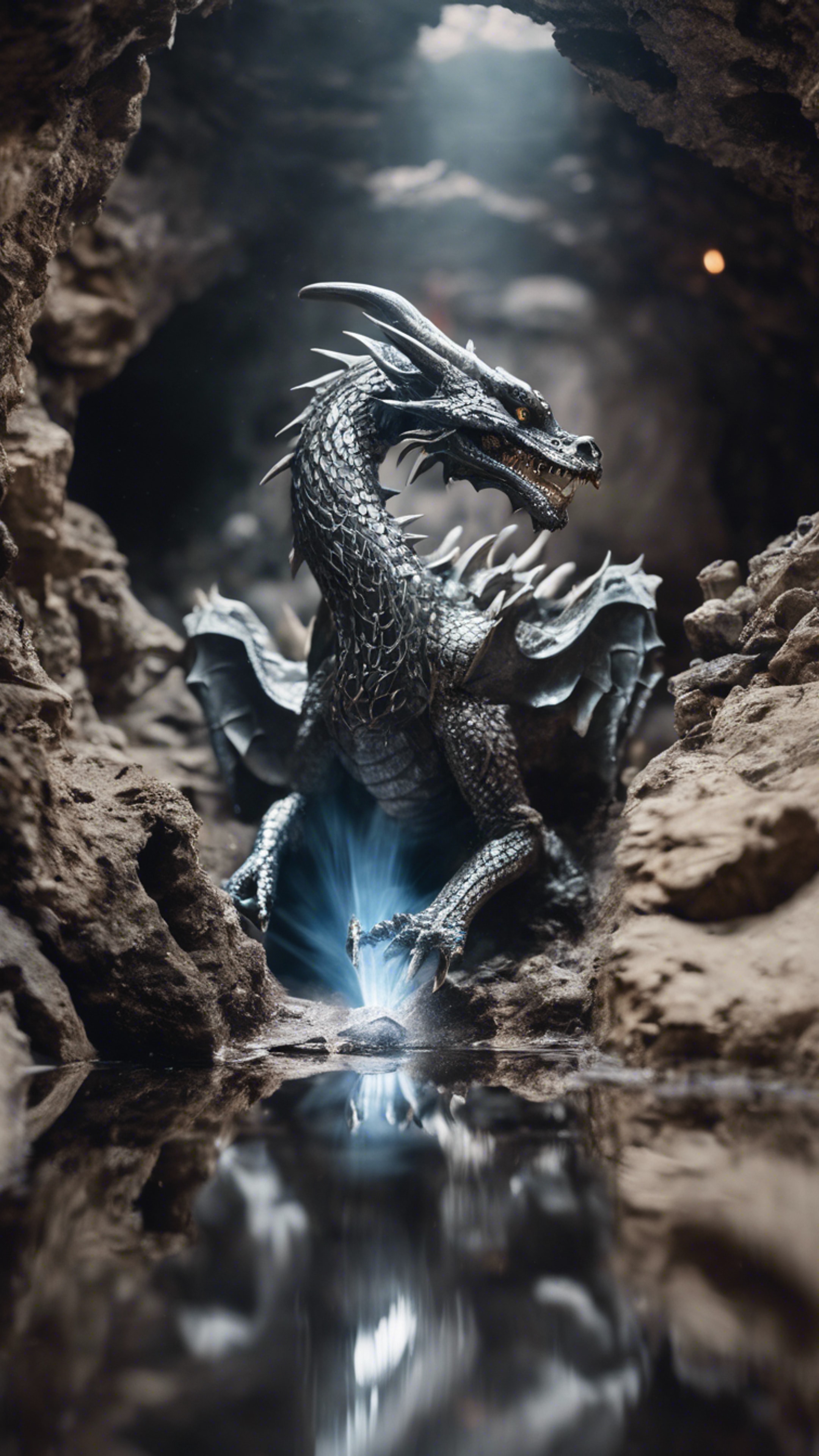 A cool dragon of pure quicksilver, fluid and reflective, darting through a forgotten mine shaft.