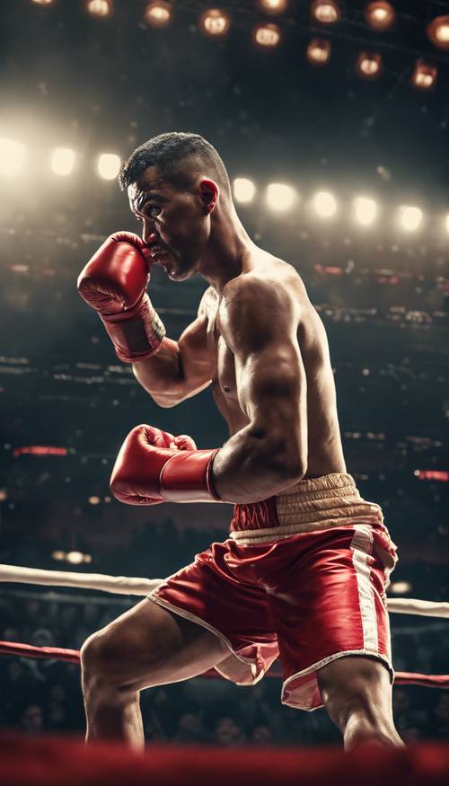 A skilled boxer in red shorts delivering a knockout punch in a crowd-filled stadium.