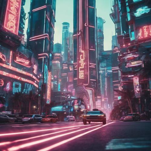 自动驾驶汽车盘旋在装有霓虹灯和发光广告牌的未来派摩天大楼上。