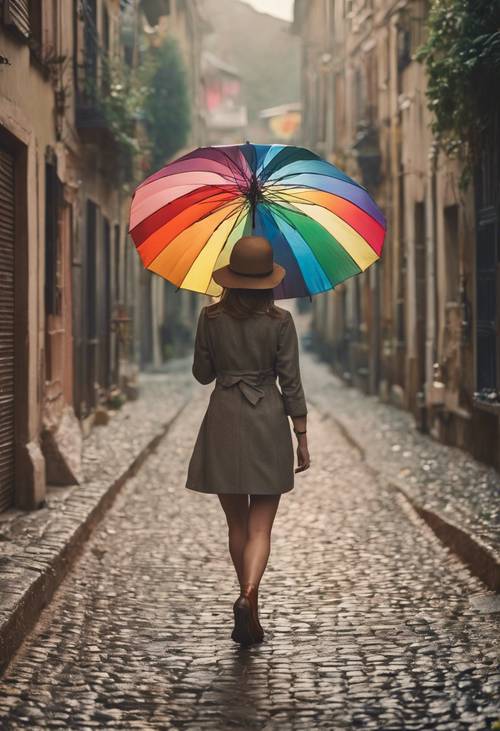 A beautiful girl holding an umbrella walking down a cobbled path with a neutral colored rainbow overhead.