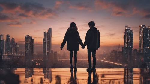 An emo couple holding hands, their fingers intertwined, captured against a cityscape at dusk.