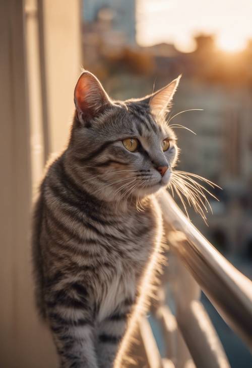 A grey striped cat bathing in the warm rays of a sunset on a balcony.