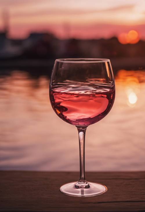 Una natura morta di un bicchiere di vino rosato che riflette la luce rossa del tramonto.