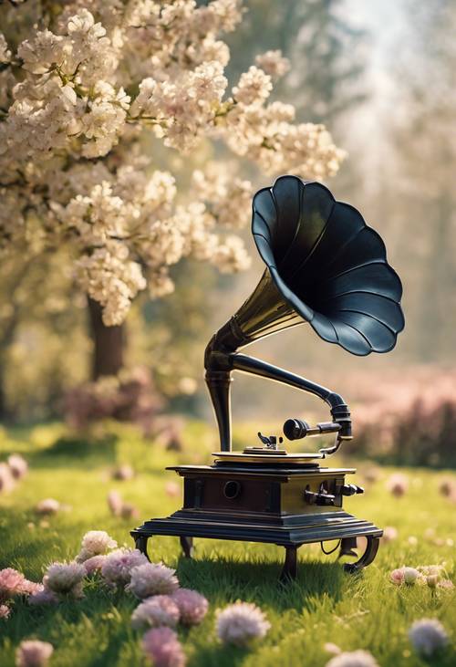 Um gramofone antigo tocando em uma manhã ensolarada de primavera com flores ao redor.