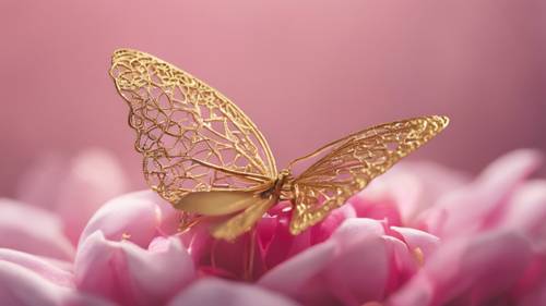 Eine Detailansicht eines zarten Schmetterlings aus Goldfiligran, der auf einem rosa Blütenblatt ruht.